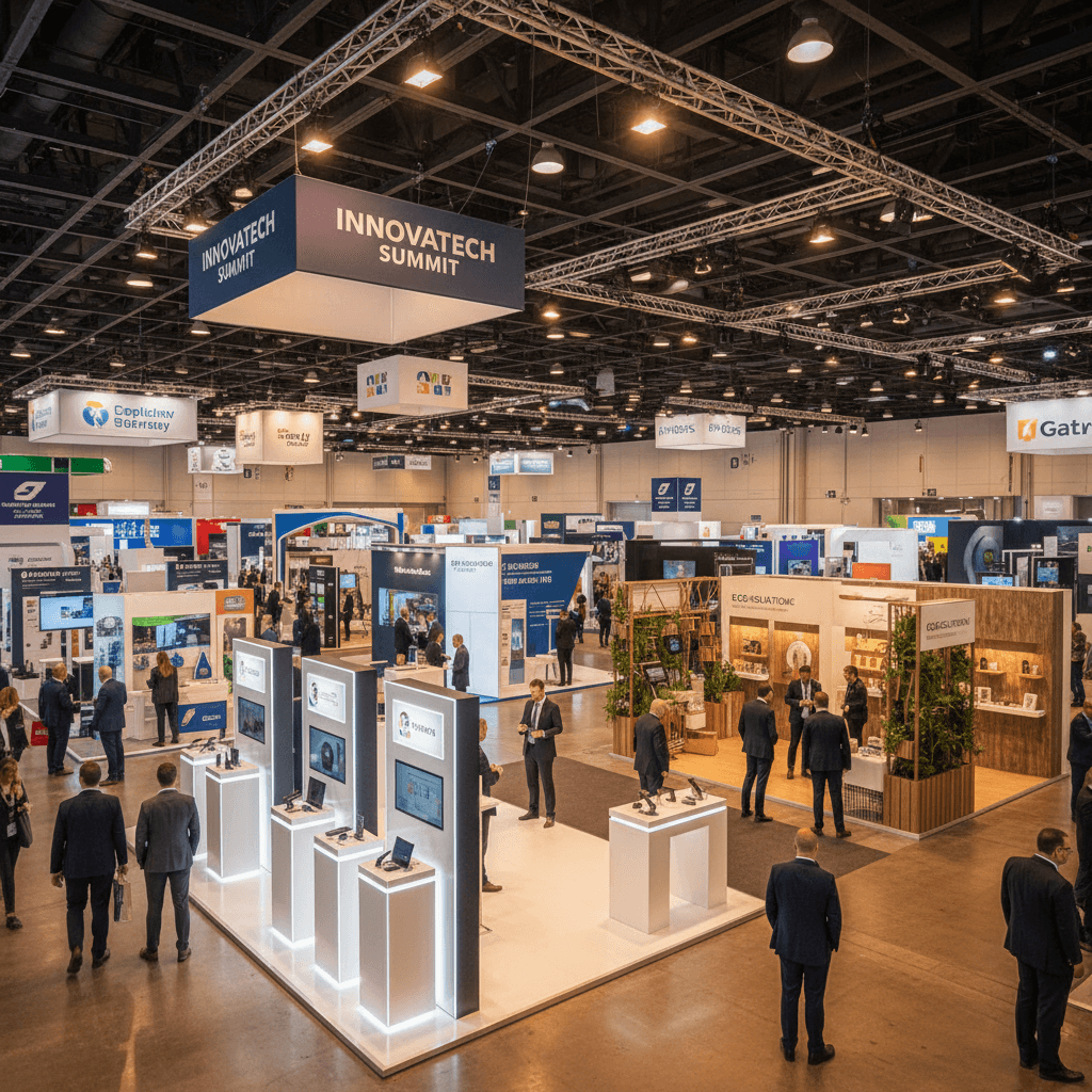 Exhibition floor with multiple vendor booths