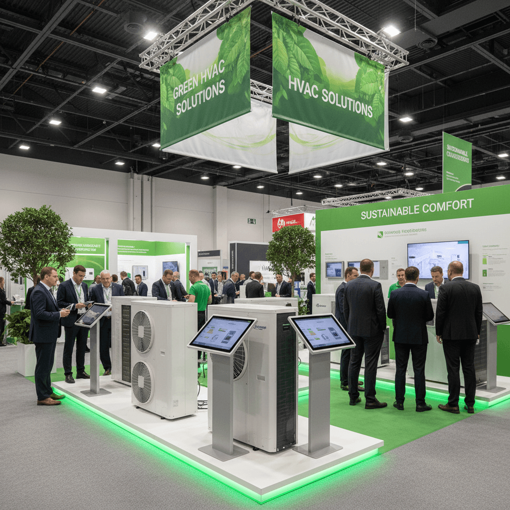 Trade show sustainability zone with heat pump displays and engaged attendees.