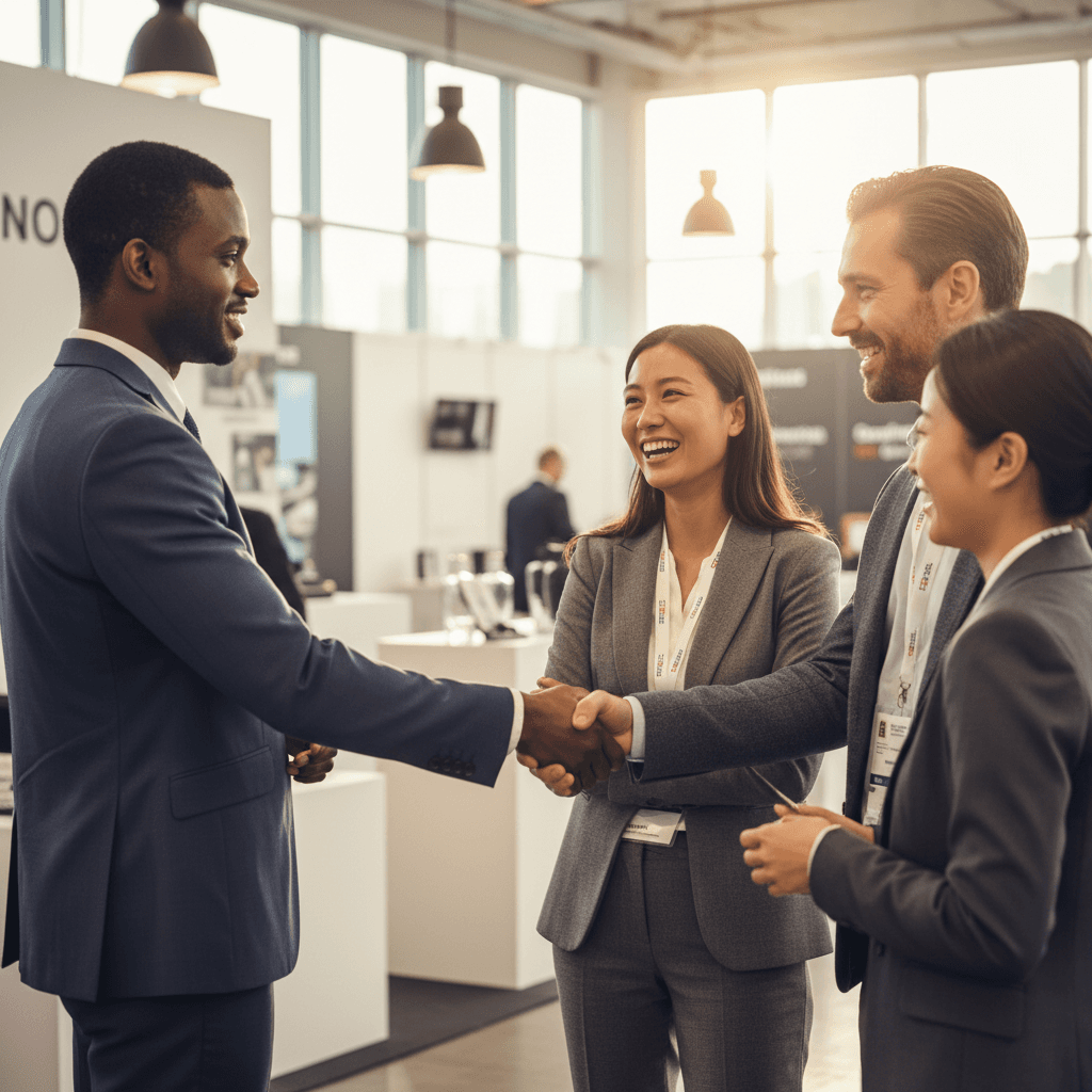 Professionals networking at the trade show