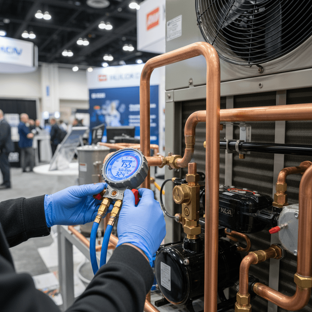 Close-up of a technician's hands using a digital manifold gauge on copper piping