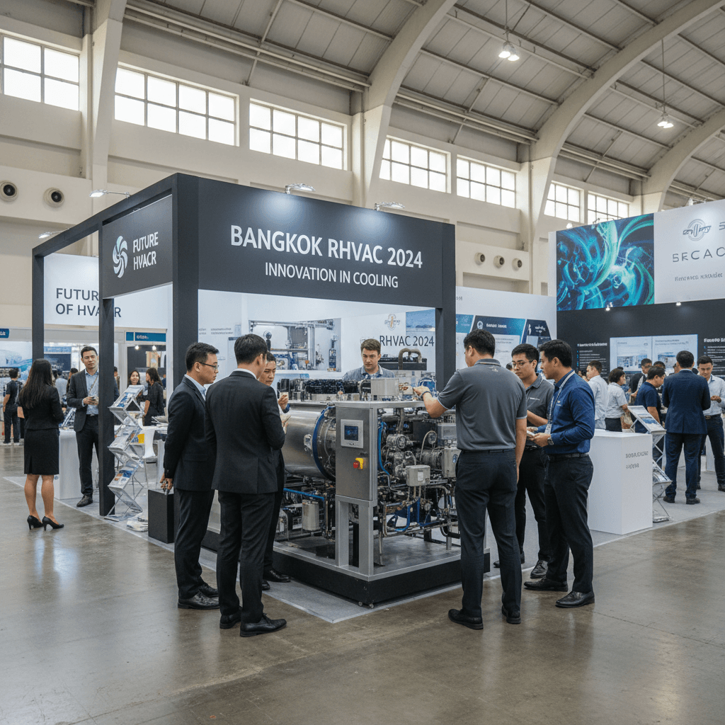 Visitors engaged with a large chiller unit at an industrial exhibition booth, showcasing HVAC technology.