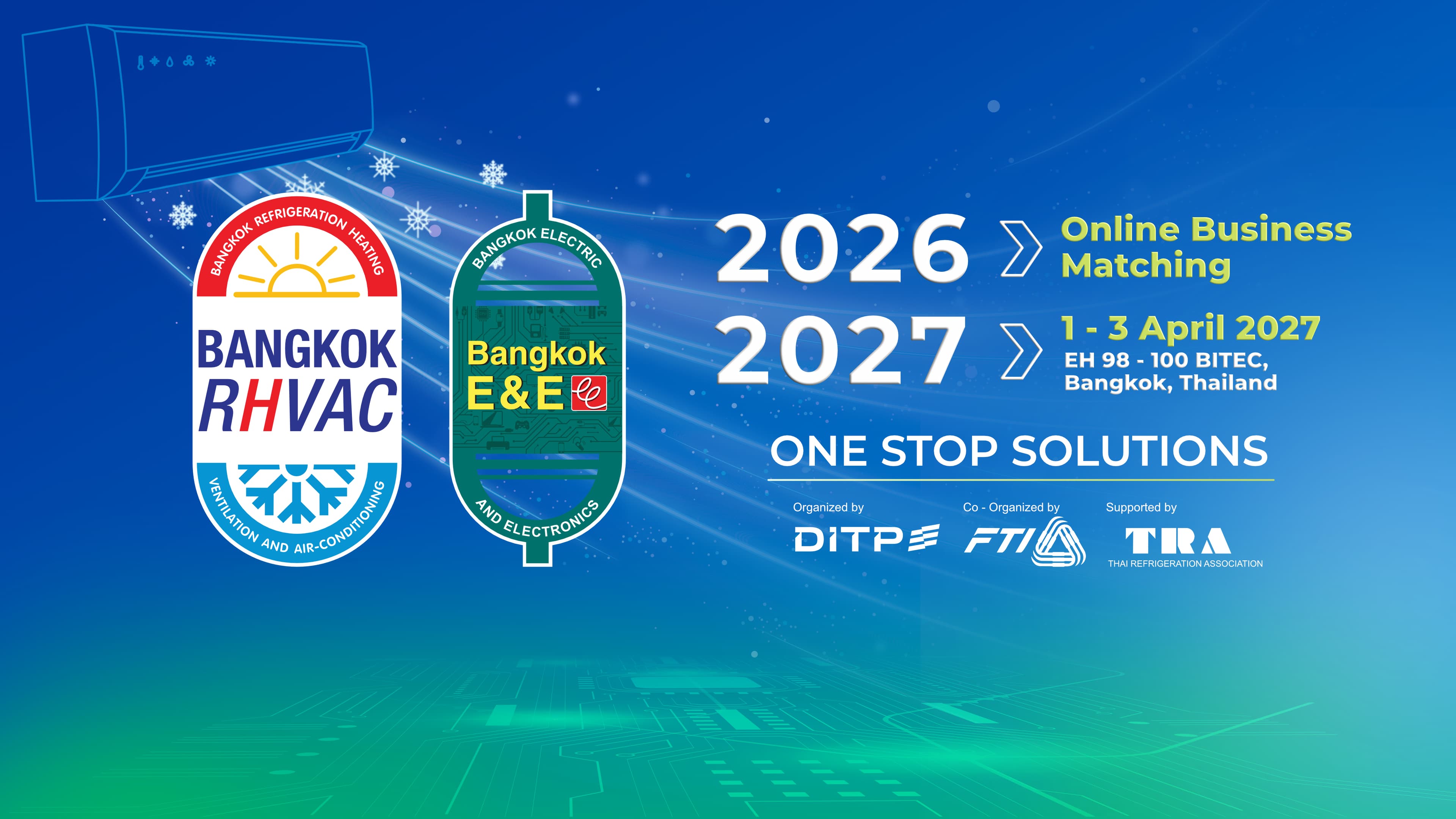 Bangkok RHVAC and E&E promotional banner for 2026 online matching and 2027 BITEC exhibition.