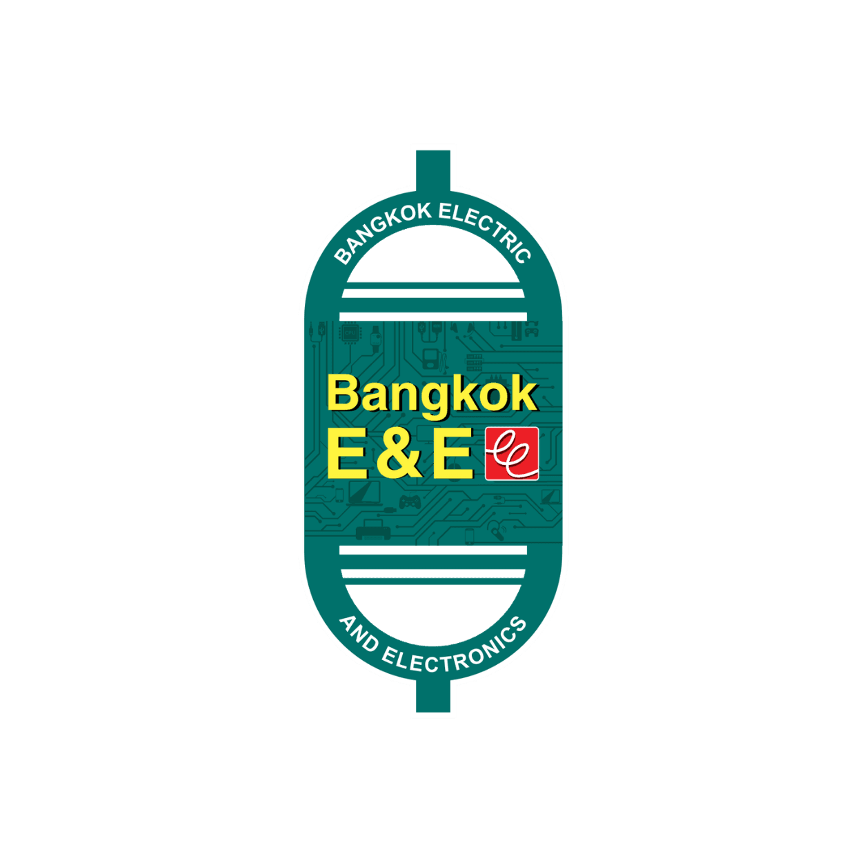 Teal oval logo for Bangkok Electric and Electronics featuring circuit board patterns and yellow text.