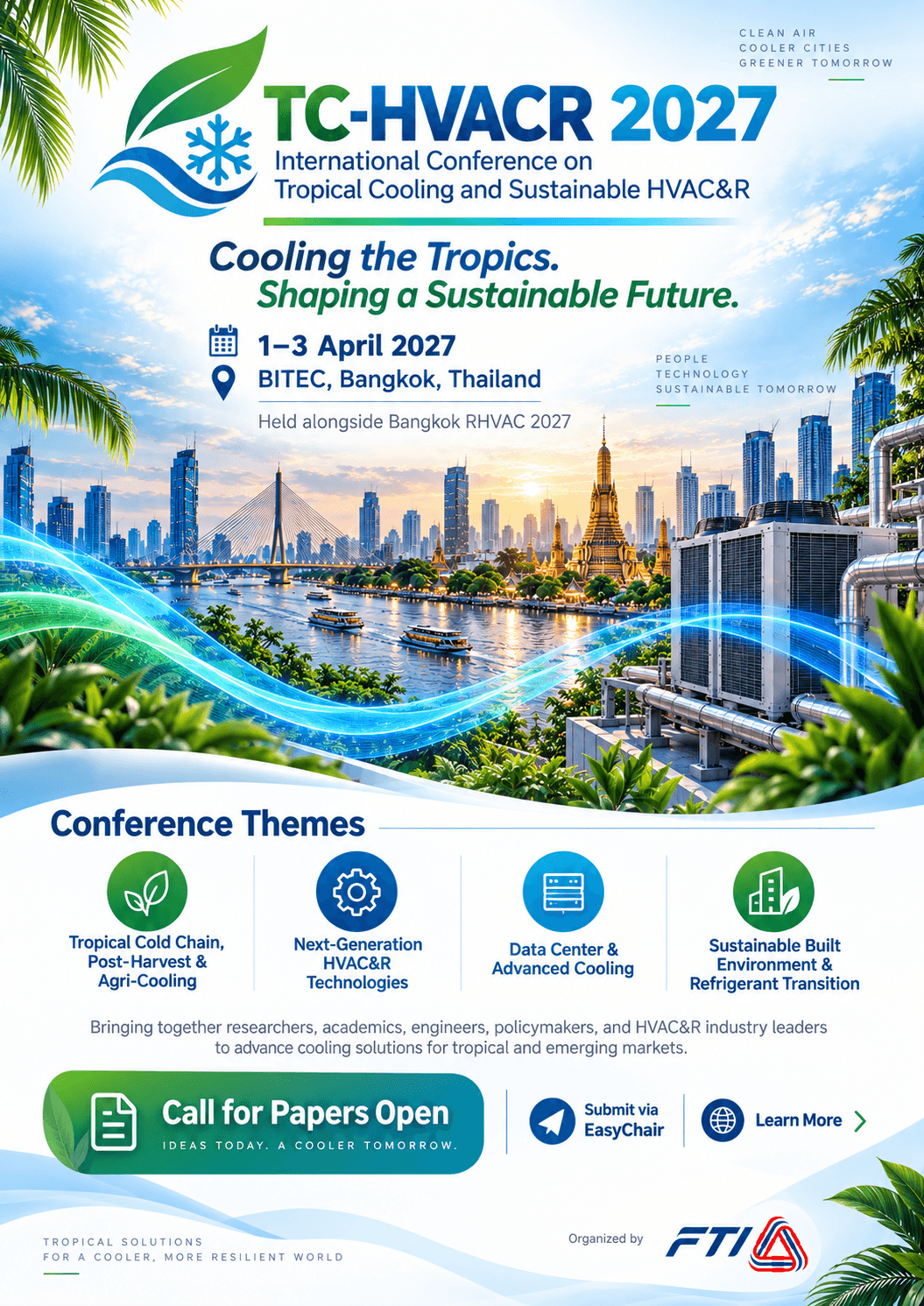 TC-HVACR 2027 conference poster featuring Bangkok skyline, HVAC equipment, and sustainable tropical cooling themes.